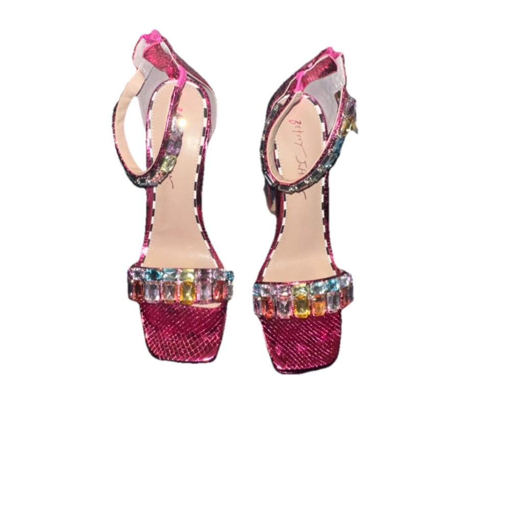 Betsey Johnson Emani Fuchsia and Rainbow Strappy Heels